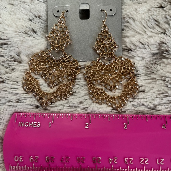 Macys INC Gold & Crystal Lace Chandelier Earrings NWT - Picture 2 of 8